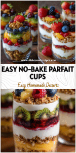 Layered Greek Yogurt Parfait with granola and fruit in clear cups for brunch or meal prep.